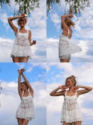 Bella Hadid in a white lace camisole holding perfume bottles against a bright blue sky with clouds in Eternal Roots for Orebella