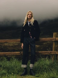 Model leaning against a rustic wooden fence wearing a tailored black jacket and cuffed dark denim in a misty landscape.