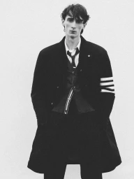 Model Arthur del Beato posing in a dark Thom Browne tailored overcoat with striped arm detail against a plain studio backdrop.