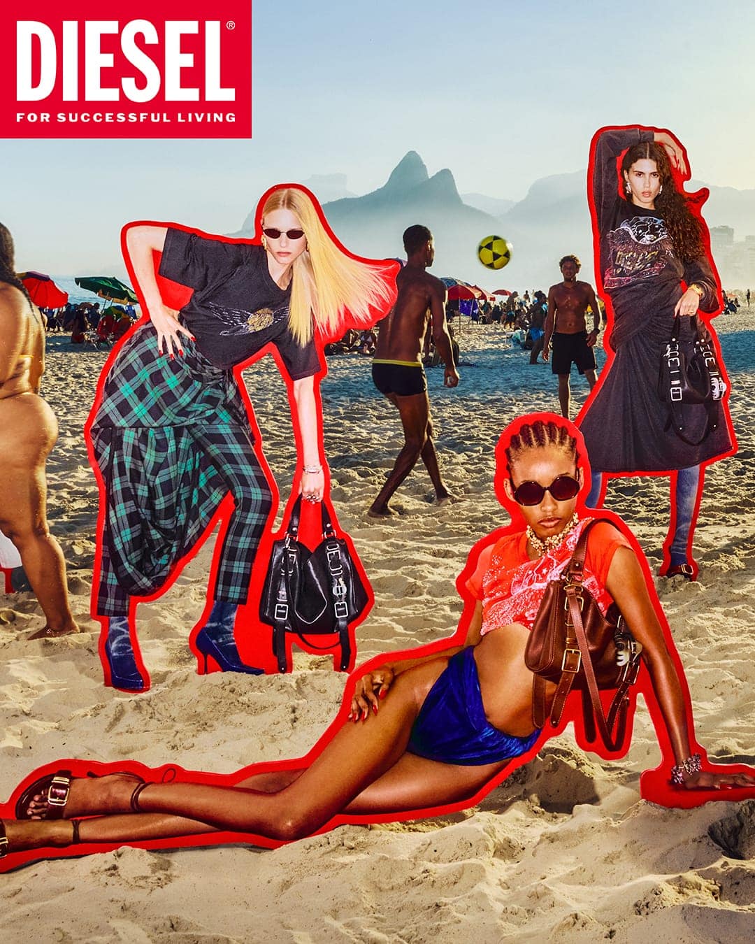 Three models outlined in red cutouts posed on a crowded sunny beach with mountains for Diesel Fall 2026 ad campaign.