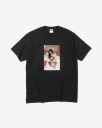 Black Supreme graphic t-shirt featuring a photo print of Gabbriette photographed by Larry Clark on a plain light background.