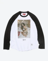 Supreme white and black long-sleeve raglan shirt featuring a center photo graphic print against a white studio background.