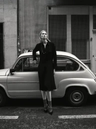 Model Sasha Dom in a long black dress and heels leaning against a vintage compact car on a city street in black and white.