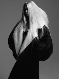 Monochrome fashion portrait of model Sasha Dom with long voluminous hair in a sculptural black puff sleeve coat for Telva.