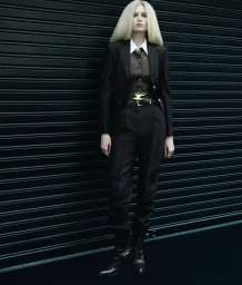 Model Sasha Dom wearing a dark tailored suit and boots, standing in front of a dark horizontal metal roller shutter.