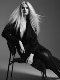 Model Sasha Dom seated on a chair with windswept platinum blonde hair wearing a black wrap coat against a grey studio backdrop.