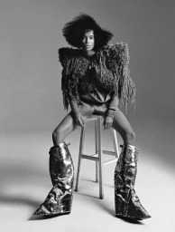 Model Lara Menezes seated on a wooden stool wearing a textured fringe jacket and oversized metallic boots in monochrome.