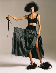 Model Lara Menezes poses in a black bralette, oversized pleated grey wrap skirt, and feathered footwear against a neutral studio backdrop.