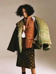 Model Lara Menezes poses in an oversized green quilted floral jacket and rust brocade blazer against a neutral studio backdrop.
