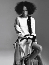 Black and white studio portrait of model Lara Menezes seated in a white frayed dress with dark trim against a seamless backdrop.