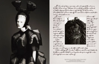 Model Ivy Stewart in an avant-garde black structured headpiece and sculptural Comme des Garcons dress beside handwritten text.