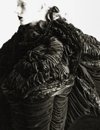 Model Ivy Stewart in profile wearing an voluminous ruched black Comme des Garcons garment against a stark white background.
