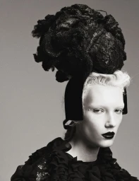 Model Ivy Stewart wearing an avant-garde black sculpted headpiece, dark lipstick, and ruffled collar against a grey studio backdrop.
