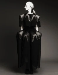 Model Ivy Stewart posing in a sculptural black Comme des Garcons dress with wide pannier hips against a dark studio backdrop.
