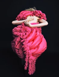 Model Ivy Stewart wearing a voluminous, sculptural hot pink ruffled dress with an exposed back against a solid black background.