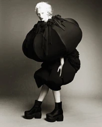 Model wearing an avant-garde oversized sculptural black garment and black platform boots against a studio backdrop.
