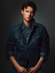 Ben Staton wearing a dark denim jacket and matching button-down shirt against a dark grey background in a studio portrait.