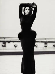 Dua Lipa posing with arms overhead in a black long-sleeved gown with exaggerated sculptural hips in black and white.