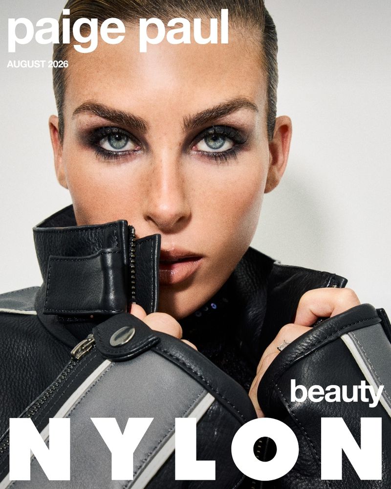 Close-up portrait of Paige Paul wearing a black leather jacket with smokey eye makeup for Nylon Magazine beauty cover.