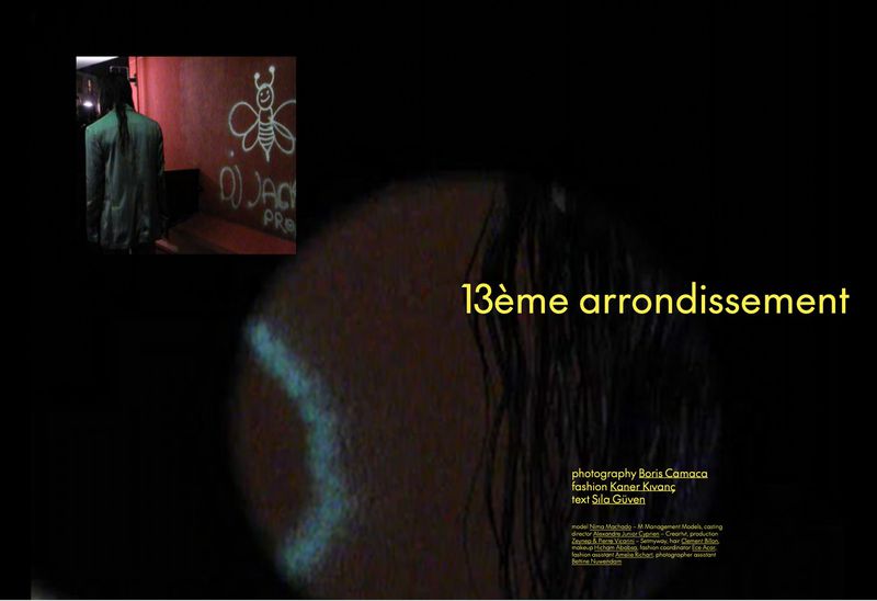 A fashion editorial shot with a person near a graffiti wall and the text '13ème arrondissement' overlayed on a portrait in a dark setting.