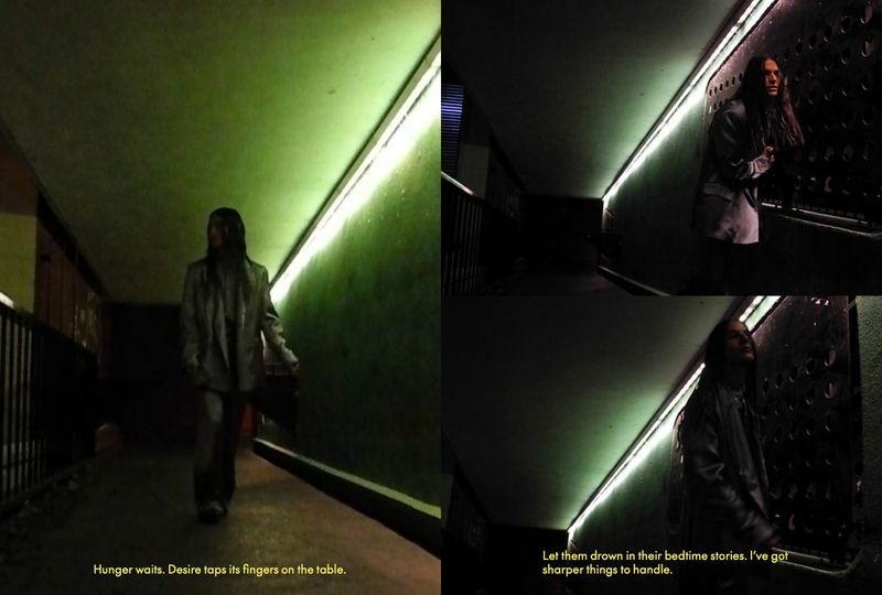 A woman walks in a dimly lit, tunnel-like setting with green walls, illuminated by fluorescent lights, creating a moody, urban atmosphere.