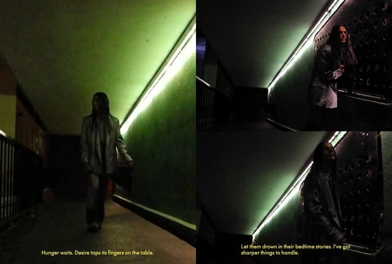 A woman walks in a dimly lit, tunnel-like setting with green walls, illuminated by fluorescent lights, creating a moody, urban atmosphere.