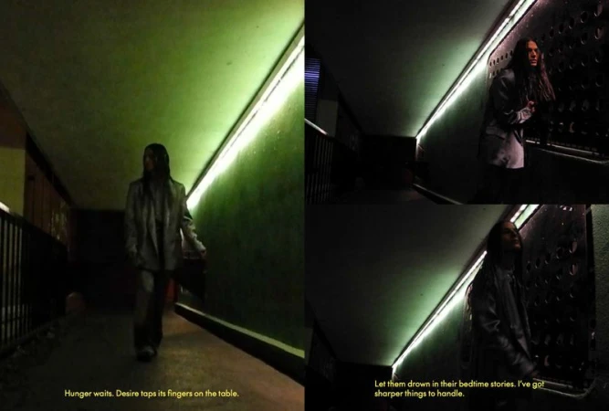 A woman walks in a dimly lit, tunnel-like setting with green walls, illuminated by fluorescent lights, creating a moody, urban atmosphere.