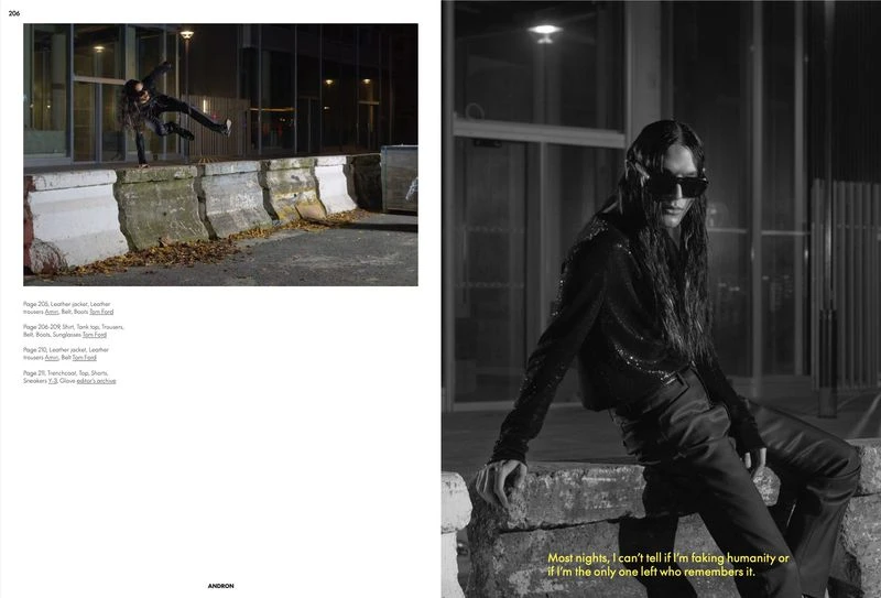 Monochrome fashion editorial photo of a long-haired model wearing sunglasses and a jacket, posing in an urban setting at night.