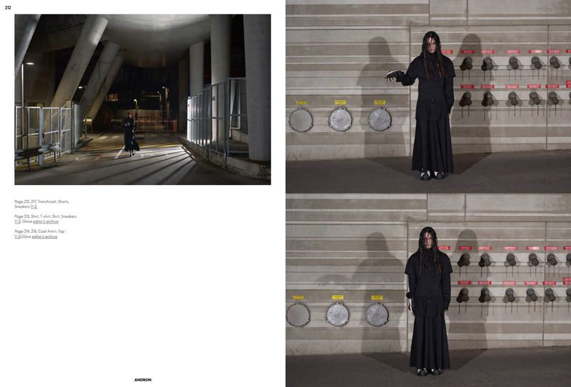Fashion editorial featuring a woman in a black outfit in a gritty urban environment with industrial architectural elements and concrete walls.