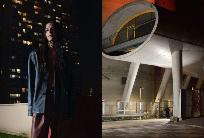 A person in a jacket poses in front of a high-rise building at night. A concrete structure with columns is visible in a split image.