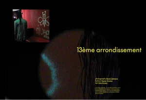 Editorial title page layout featuring yellow typography and an inset photo of a model in a jacket beside graffiti.