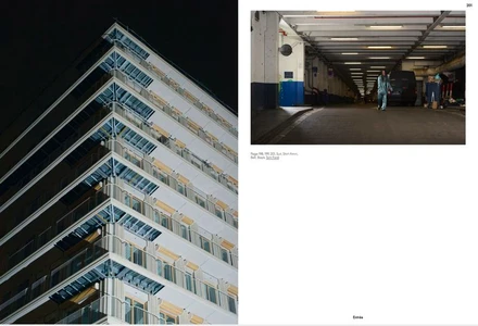 A fashion magazine spread with an architectural high-rise at night on the left and a model in an underground garage on the right.