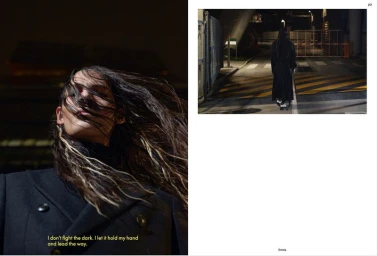 Editorial layout featuring a close up of a model in a black double-breasted coat and an inset of a figure walking down a dark street.