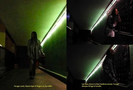Model Nima Machado in a jacket walking through a neon-lit dim corridor in a fashion editorial for 13ème arrondissement by Boris Camaca.