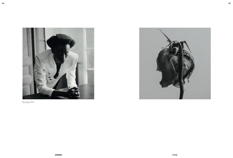 Monochromatic diptych featuring an African American man in a white suit next to a dried rose, embodying contrasting themes.