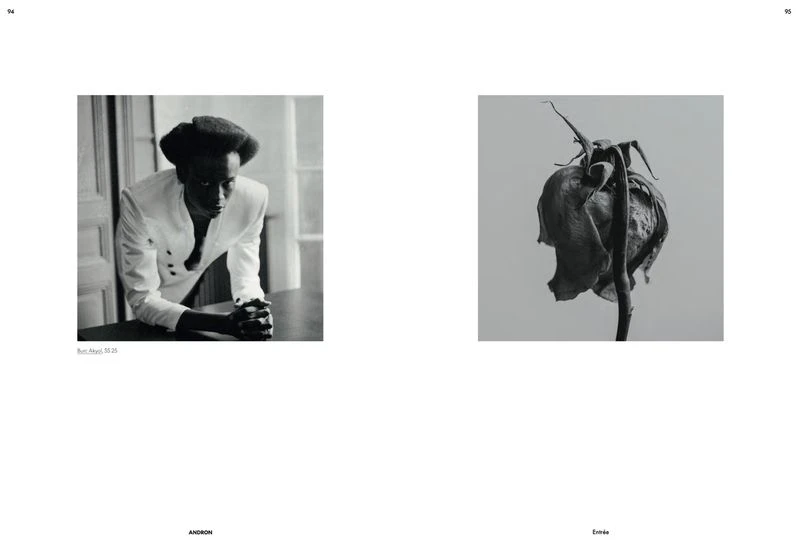 Monochromatic diptych featuring an African American man in a white suit next to a dried rose, embodying contrasting themes.