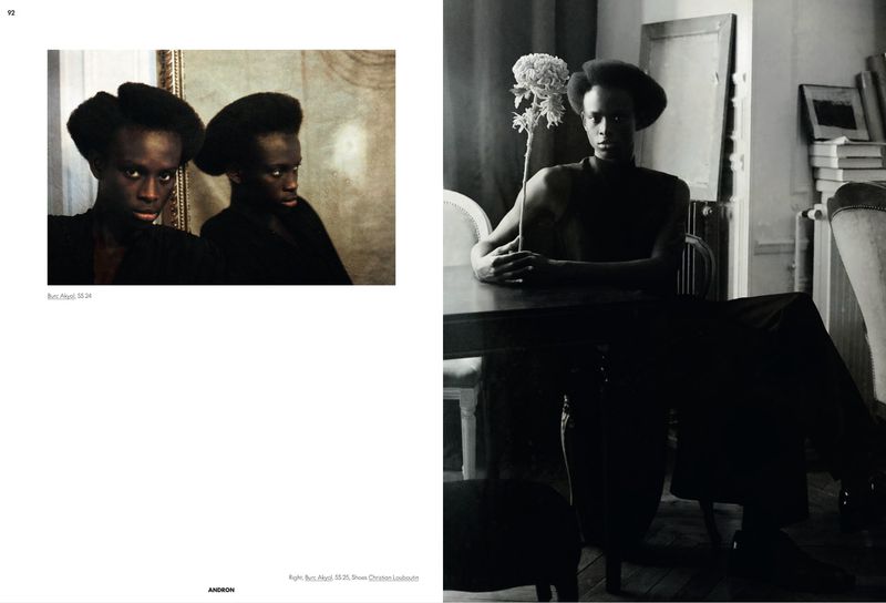 Magazine editorial spread featuring portrait photographs of model Baye Seye in dark attire, holding a flower beside a table.