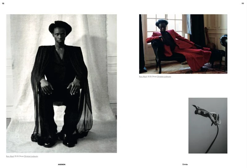 Editorial shot of a Black male model in a dark suit and hat seated against a neutral backdrop, plus a secondary image of a male reclining.