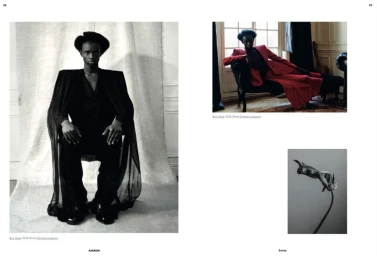 Magazine editorial spread featuring model Baye Seye in structured black couture tailoring and a reclining red suit shot for Andron Journal.