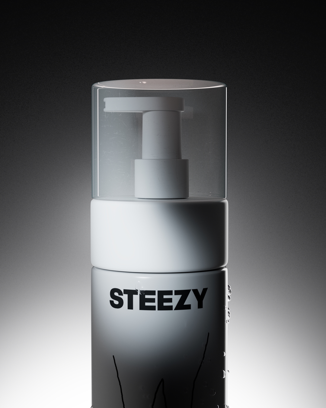 Close-up of a white STEEZY pump dispenser bottle with a clear cap and droplet details against a dark gradient backdrop.