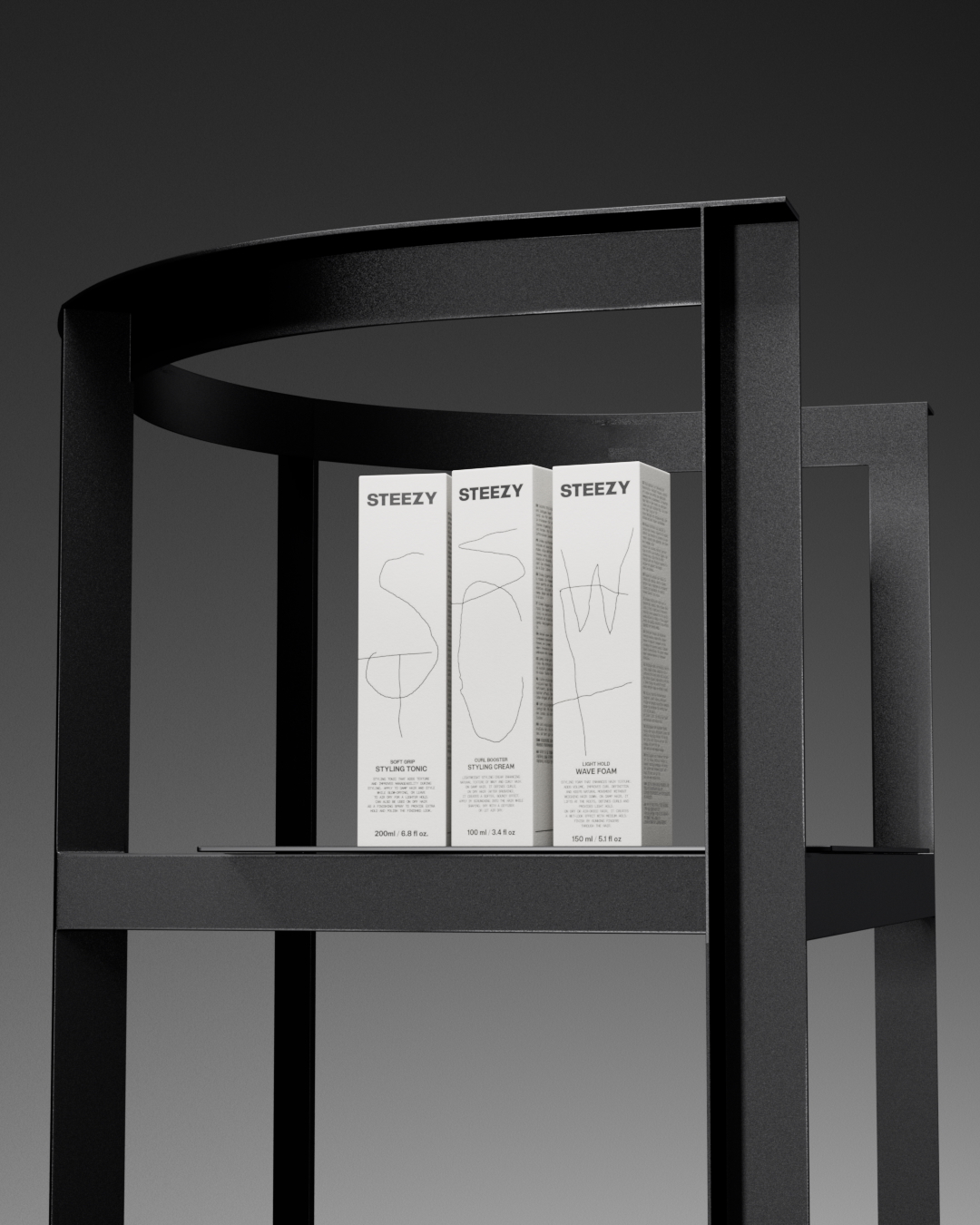 Three white Steezy cosmetic boxes displayed inside a black architectural metal shelf against a dark grey gradient background.