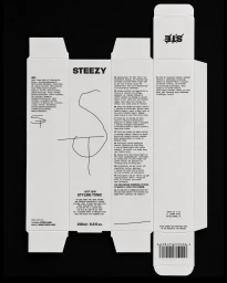 Unfolded white packaging dieline for STEEZY Soft Grip Styling Tonic with black typography and graphics on a black background.