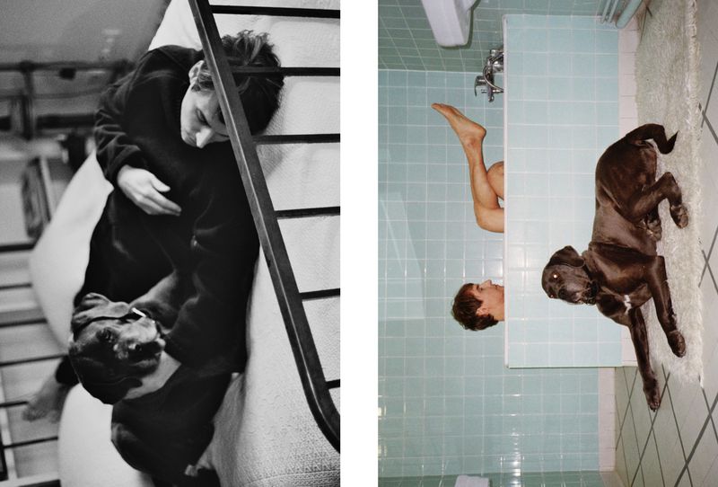 Diptych image featuring a man hugging a dog in monochrome and a man and dog in a bathroom with light blue tile.
