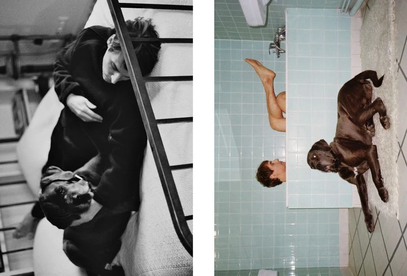 Diptych image featuring a man hugging a dog in monochrome and a man and dog in a bathroom with light blue tile.