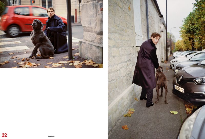 A man in a long coat poses with a Cane Corso dog near a crosswalk with a blurred red car, and another shot of the man and dog on a sidewalk.