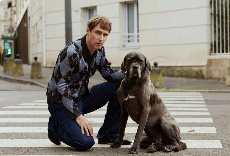 Adult male kneels next to a Cane Corso dog sitting on a zebra crossing in a city street, wearing a patterned cardigan and jeans.