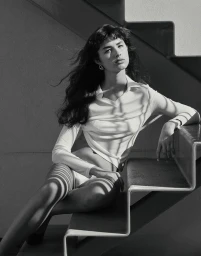 Monochrome portrait of a woman with dark wavy hair and bangs seated on architectural stairs with striped shadow patterns.