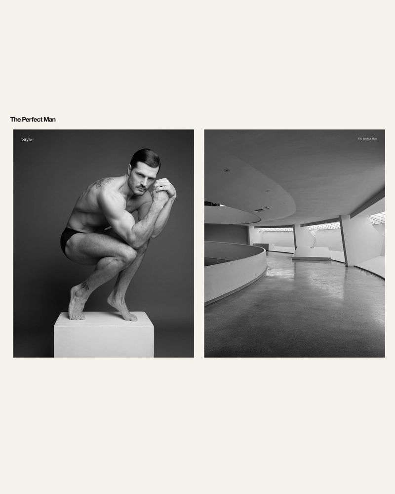 Editorial spread for The Perfect Man featuring model Diego Miguel crouching on a white plinth next to modernist architecture.