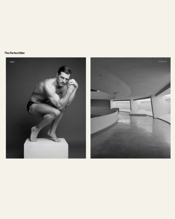 Editorial spread for The Perfect Man featuring model Diego Miguel crouching on a white plinth next to modernist architecture.