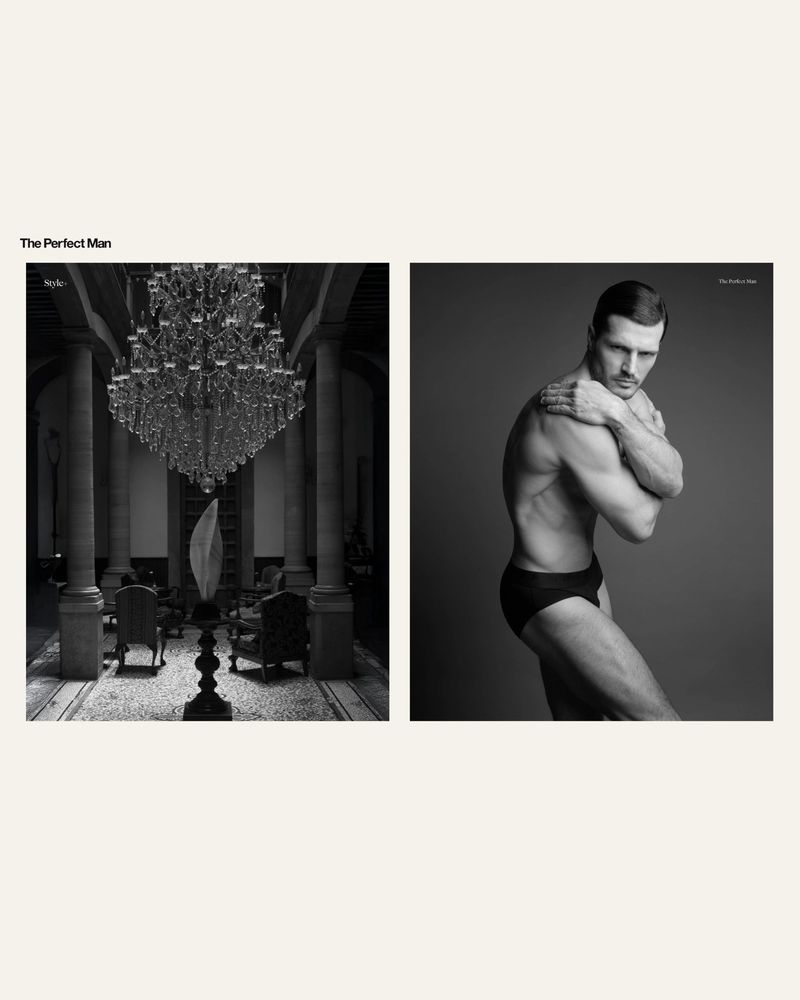 Black and white editorial diptych of an ornate hall with a chandelier alongside a shirtless man in dark briefs.